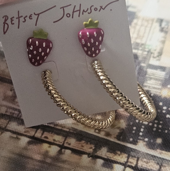 Betsey Johnson Pink Strawberry Earrings and Gold Bracelet Set - Picture 8 of 9